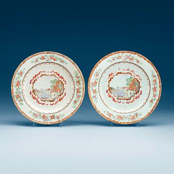 A pair of famille rose 'European Subject' dishes, Qing dynasty, Qianlong (1736-95).
