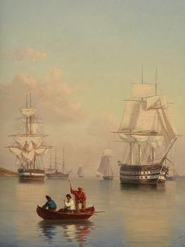 Ehrnfried Wahlqvist Warship at anchor in calm waters by Kronborg Castle.