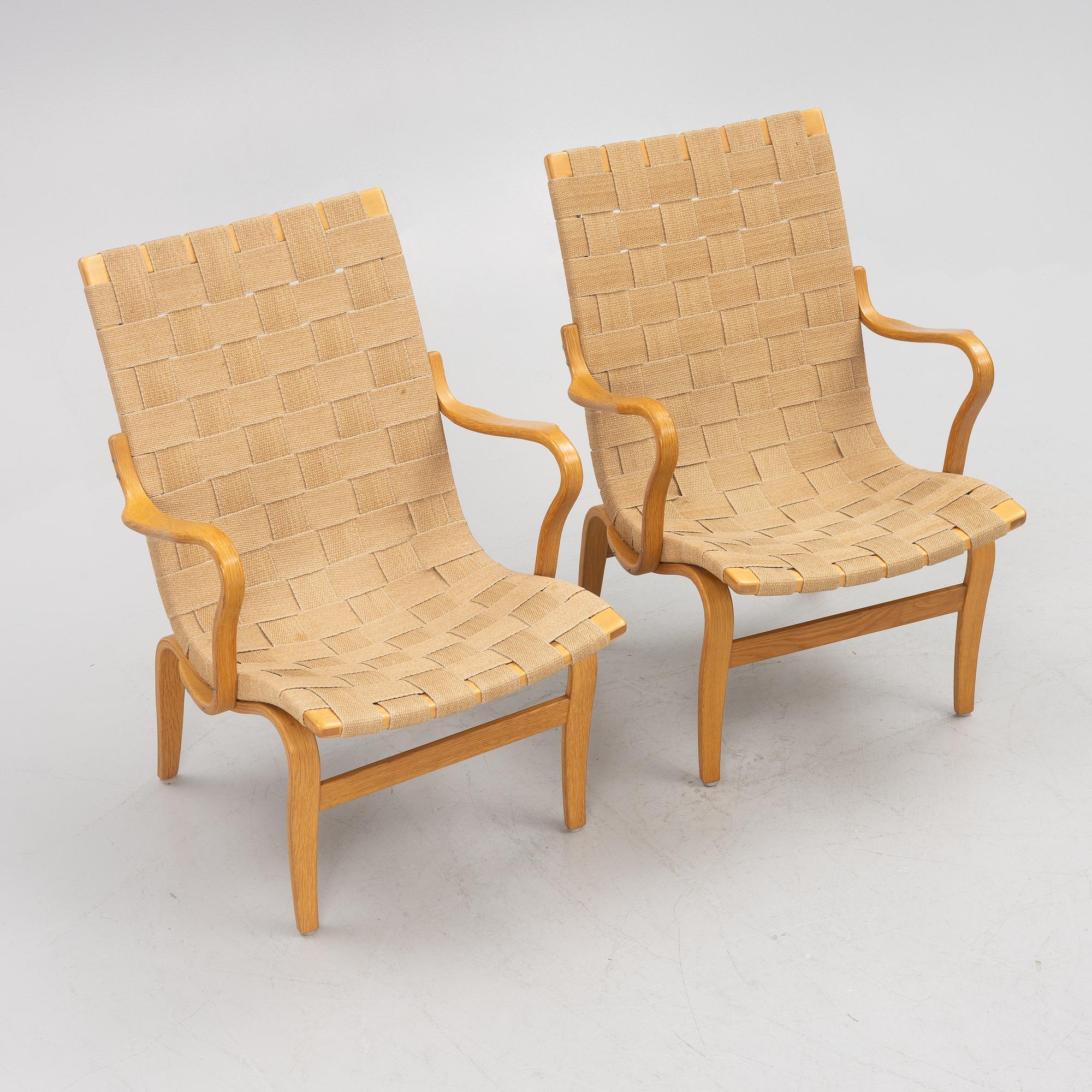 Bruno Mathsson, a pair of 'Eva' armchairs, Firma Karl Mathsson, Värnamo, 1973.