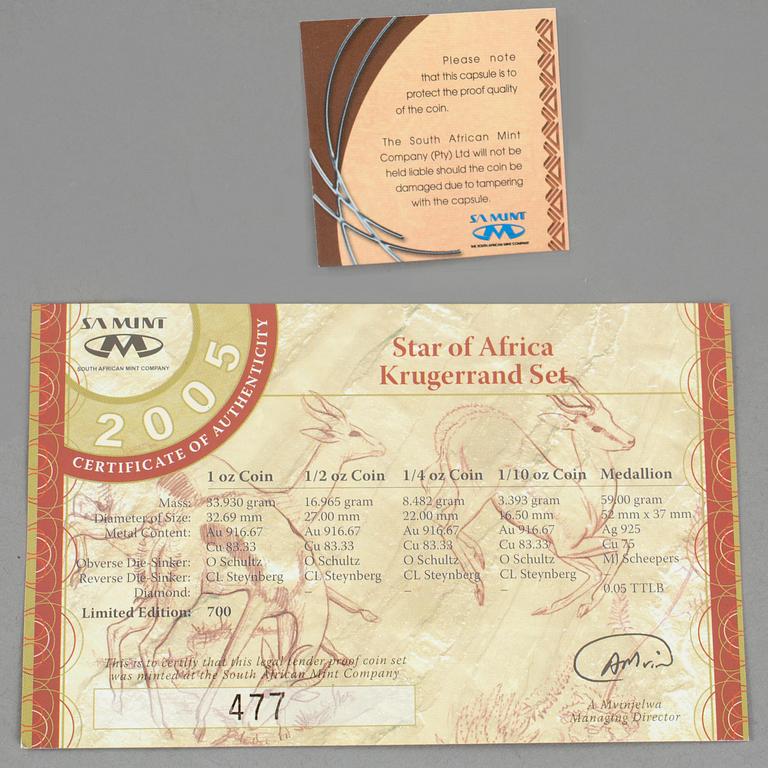 SAMLARMYNT, 4 st, 22 k guld, "Star of Africa Krugerrand Set", numrerad 477/700. Tot guldvikt 63 g.