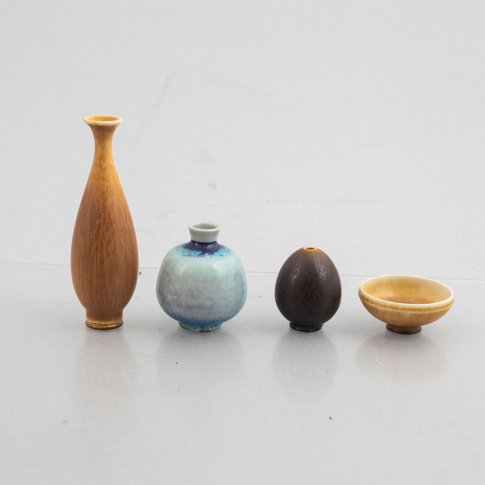 Berndt Friberg, a set of four stoneware miniatyres, Gustavsberg Studio (three vases, one bowl).