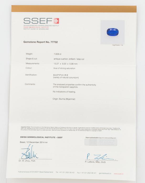 A 7.60 ct unheated sapphire and diamond cluster ring. Certoificate from SSEF.