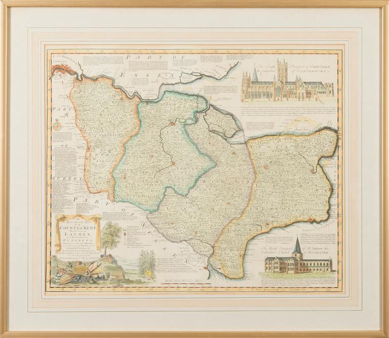 KARTA, "An accurate map of the county of Kent", England 1700-tal.