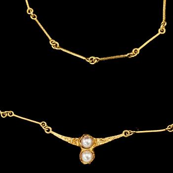 COLLIER samt ARMLÄNK, 18k guld med 2 odlade pärlor, Björn Weckström, Lapponia, 1990. Vikt tot 8 g.