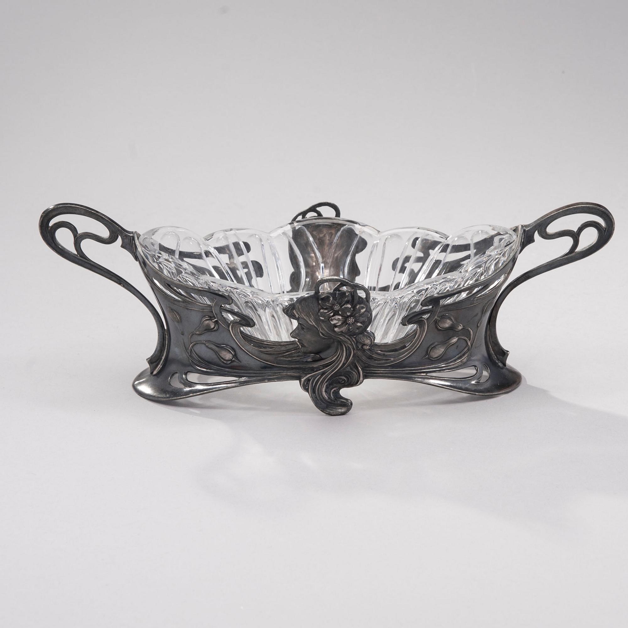 JARDINJÄR, britanniametall och glas, jugend, WMF, tidigt 1900-tal.