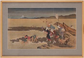 KATSUSHIKA HOKUSAI (1760–1849), efter, färgträsnitt på textil. Japan, "Shell Gathering", 1900-tal.