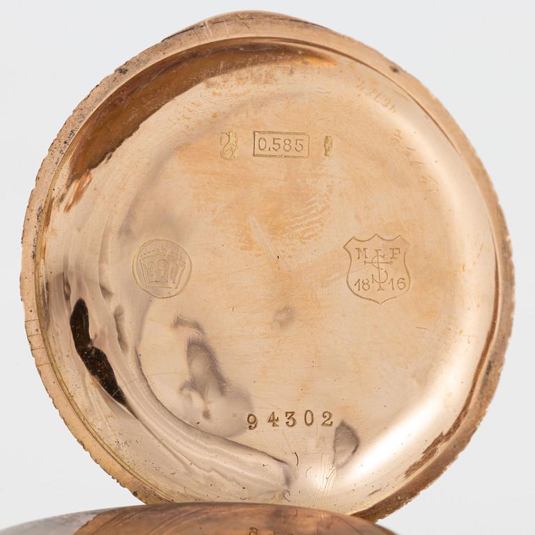 Pocket watch, half hunter, 14K gold, 32.5 mm.