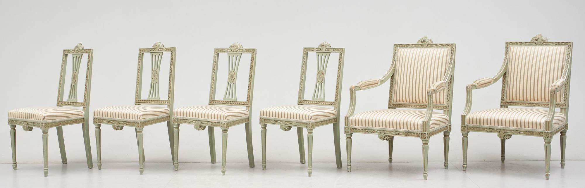 STOLAR, 4 st samt KARMSTOLAR, ett par, gustaviansk stil, 1900-tal.