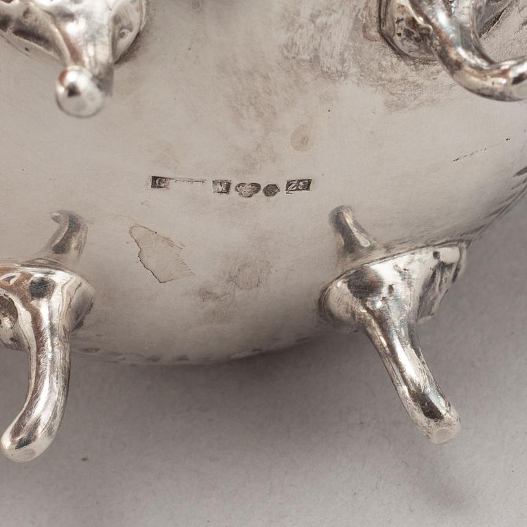 A silver mocha pot, creamer, sugar bowl and tray, some with mark of Gewe, Malmö 1950-51.