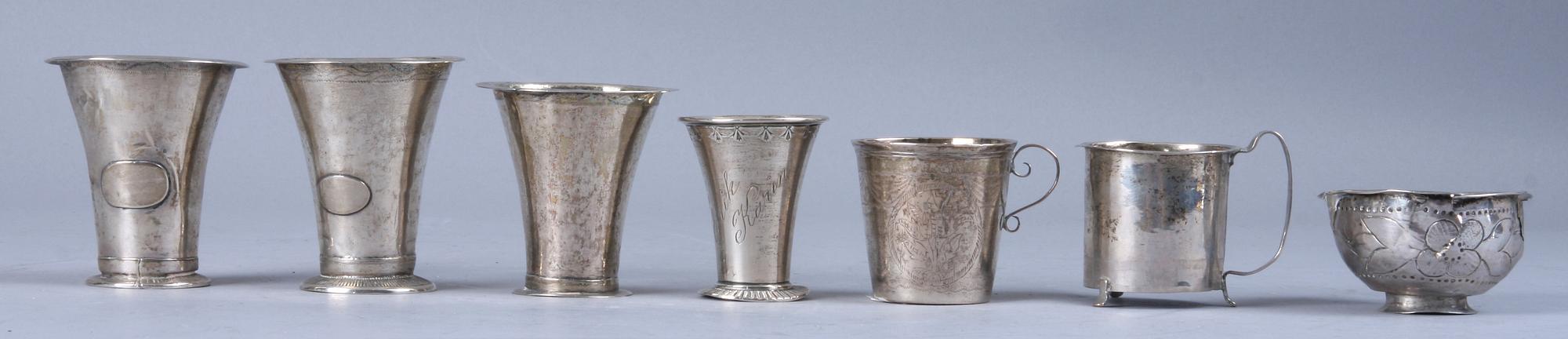 BÄGARE, 6 samt TUMLARE, silver, bl a 1786-1898. Otydliga mästarstämplar.