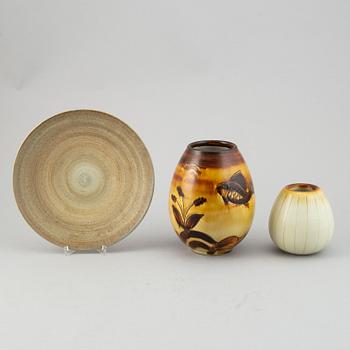 Gertrud Lönegren, two stoneware vases and a plate, Rörstrand, 1936-1941.