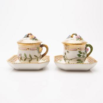 Cream cups with lids and saucers, 2 pcs, "Flora Danica", Royal Copenhagen, Denmark, 20th century.