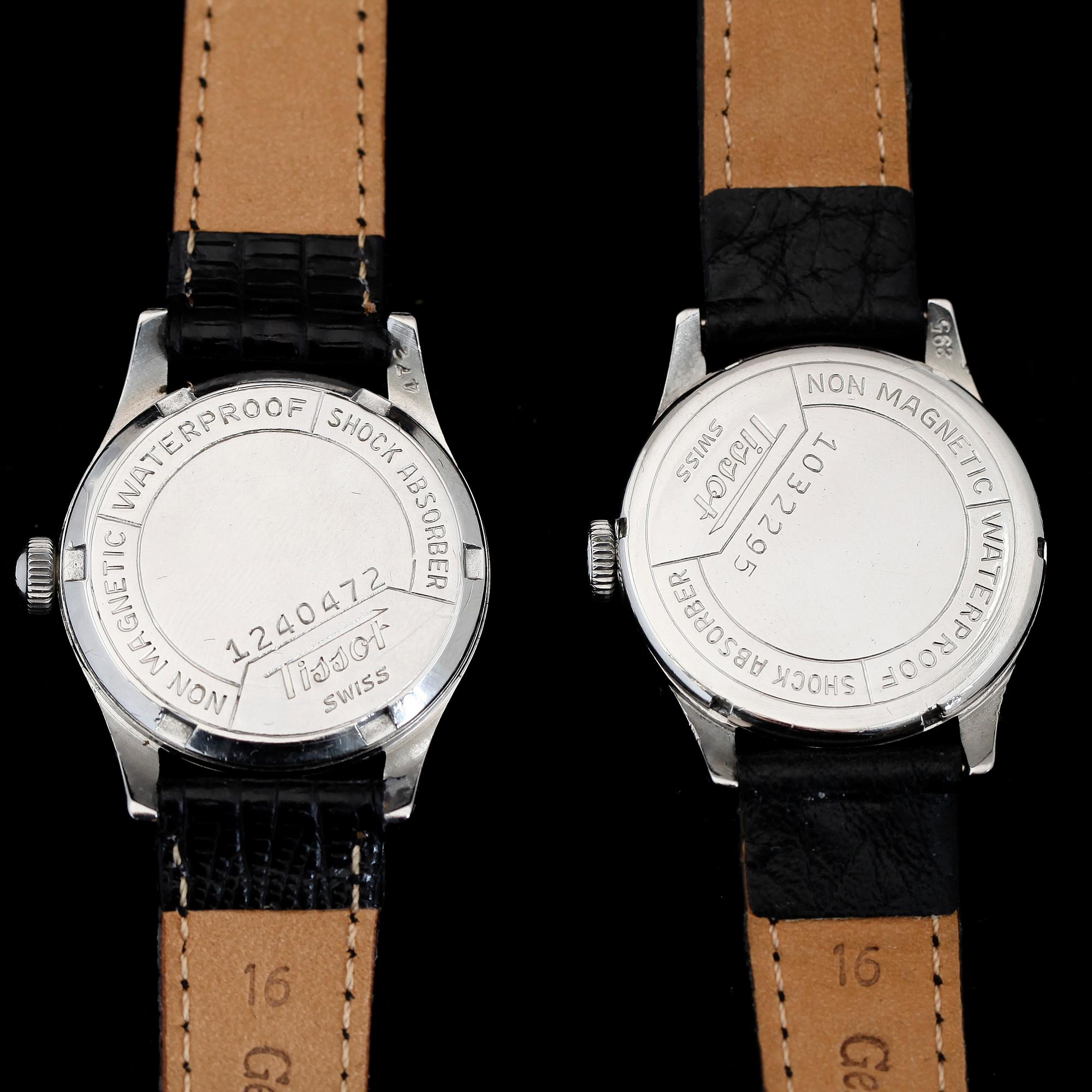 ARMBANDSUR, 2 st, stål, Tissot Antimagnetique, bla 1940-tal.