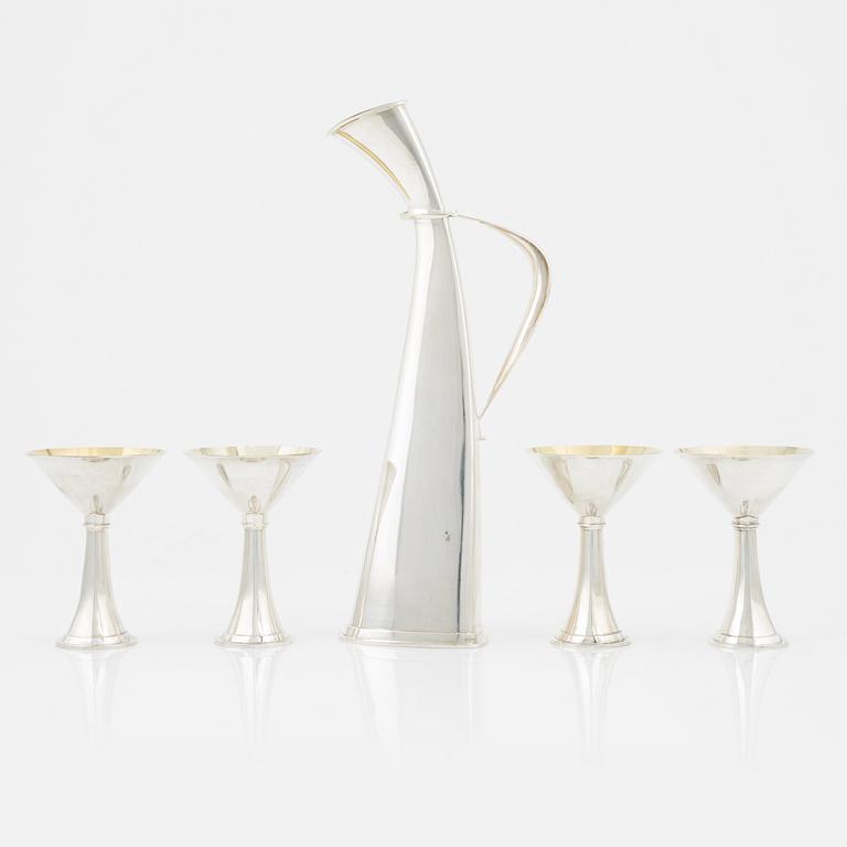 A Swedish silver decanter and four martini glasses, bearing the mark of HB Persson, Stockholm, 1953.