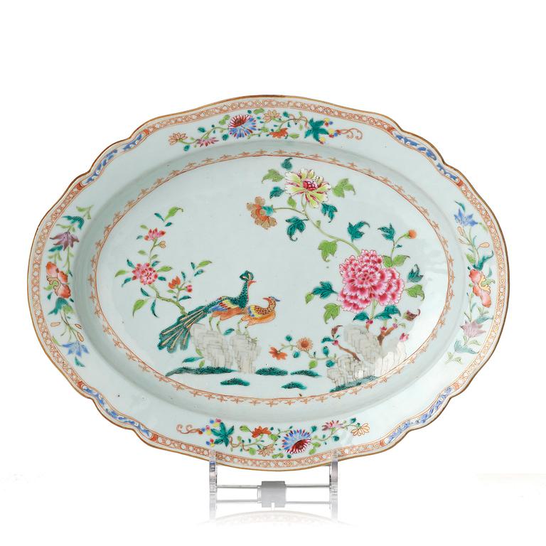 A famille rose 'double peacock' tureen stand, Qing dynasty, Qianlong (1736-95).