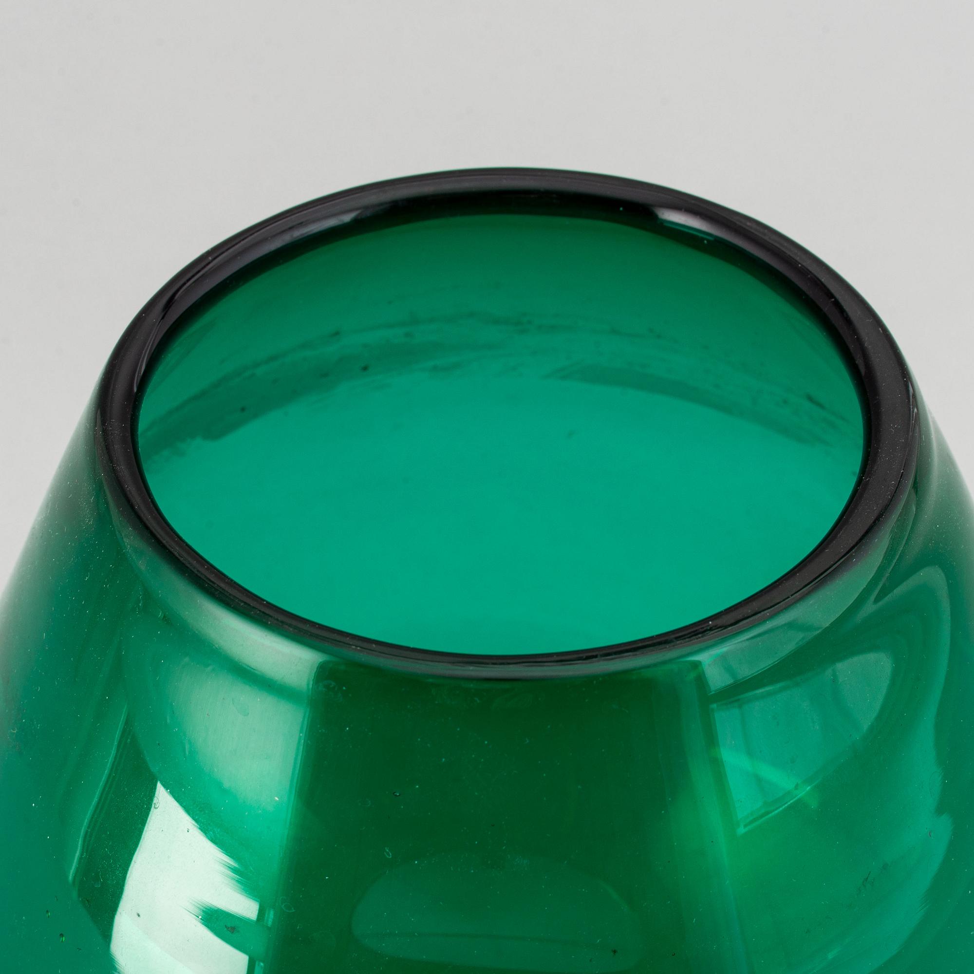 A set of five green and blue glass vases, Sweden, 20th Century.
