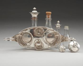 BORDSSURTOUT för fyra flaskor, av Petter Eneroth, Stockholm 1787. Gustaviansk.