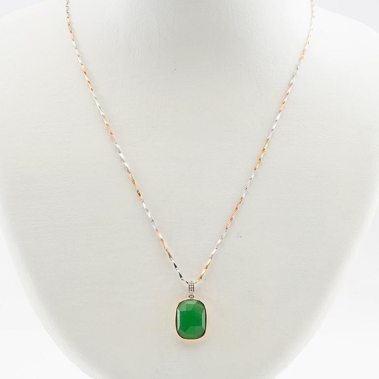 Necklace 14K tri-colour gold with diamonds and green faceted stone.