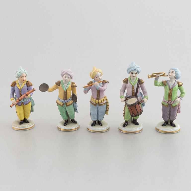 Five porcelain figurines, Sitzendorf, Germany, early 20th Century.