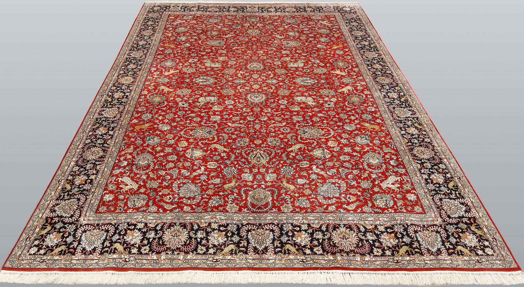 A pictoral orientalisk silk carpet, ca 284 x 180 cm.