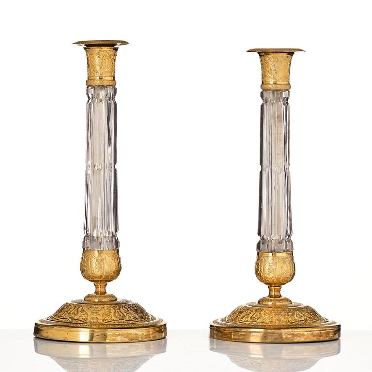 A pair of Russian ormolu and cut-glass Empire candlesticks, presumably St Petersburg, ca 1820.