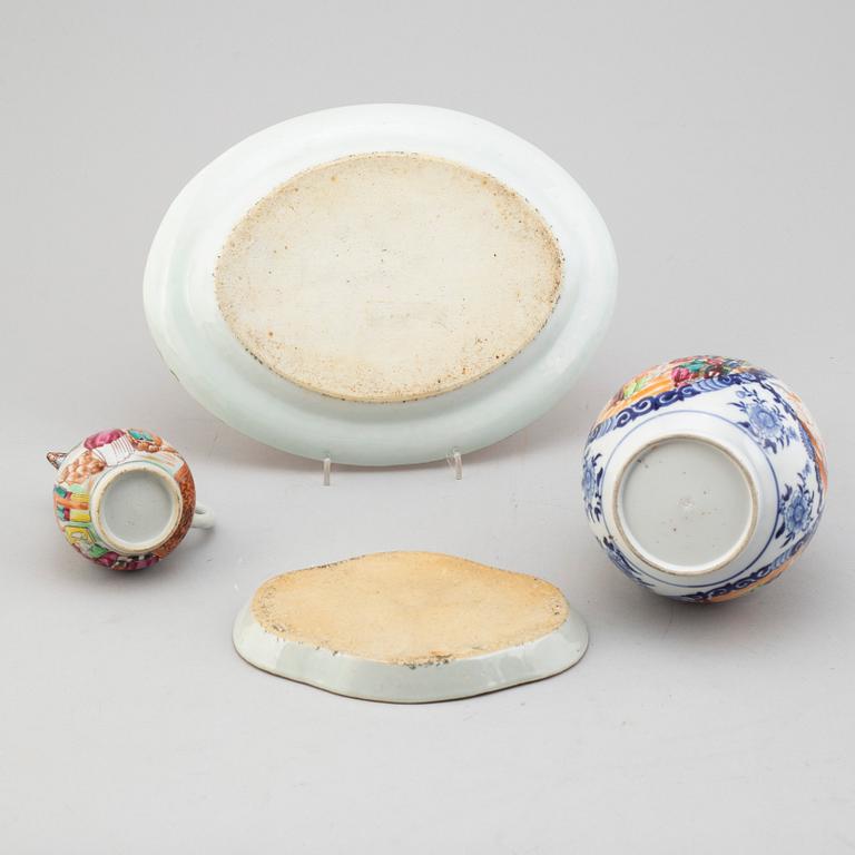 A famille rose Mandarin vase, dish, serving dish and jug, Qing dynasty, 18th/early 19th century.