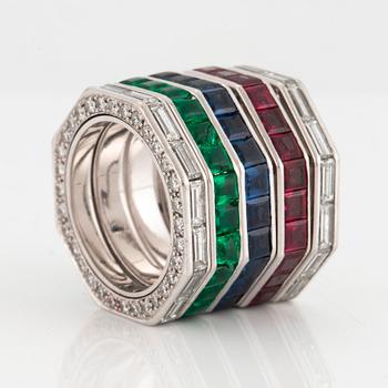Five Paul Binder rings in 18K white gold set with baguette- and round brilliant-cut diamonds.