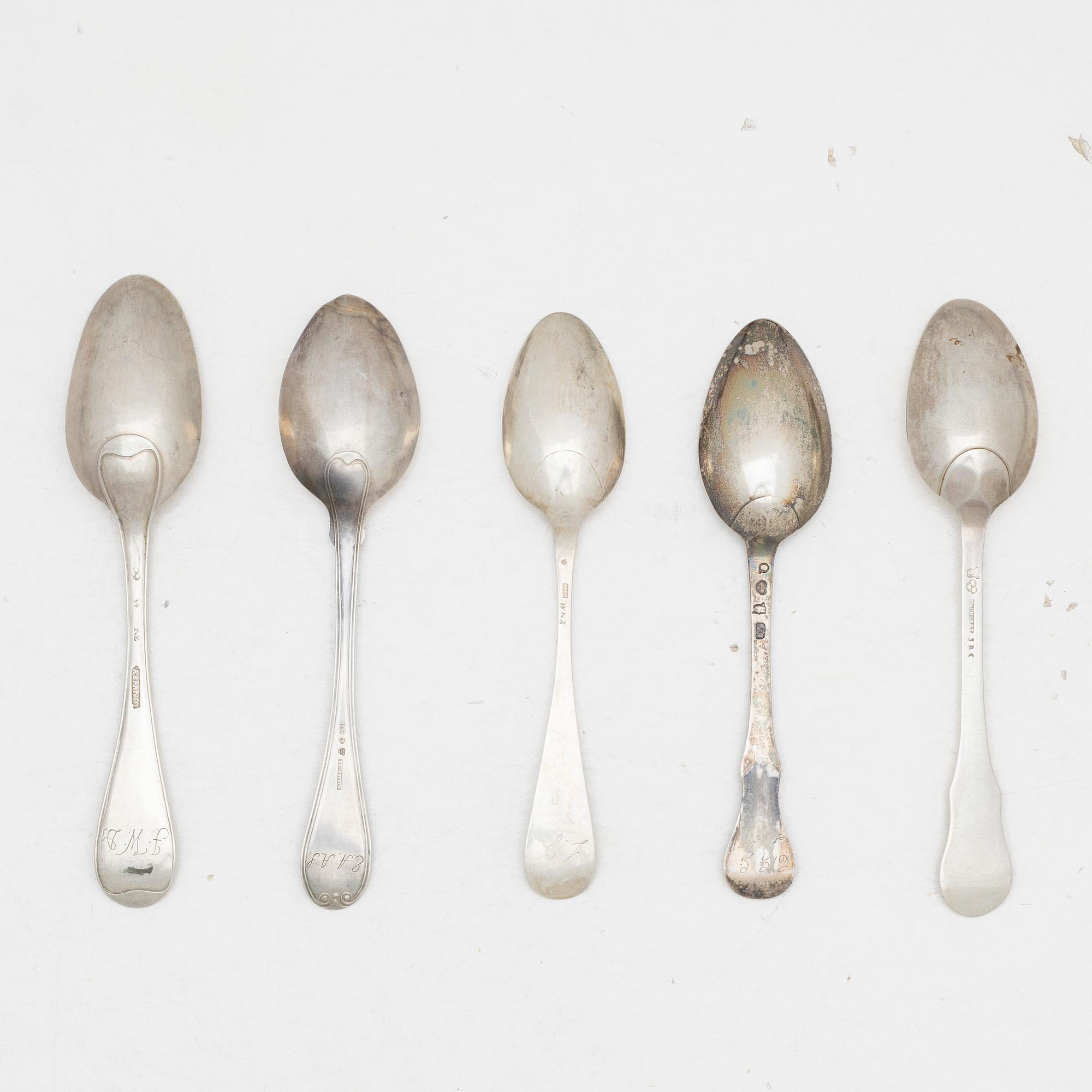 Matskedar, 5 st, silver, bl a Andreas Öhrman, Stockholm 1774, AG Herkepeus, Norrtälje 1866.