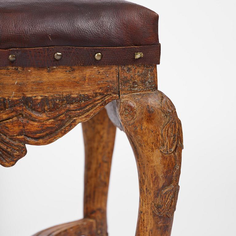 A pair of carved stools in the manner of Jonas Granberg, Jämtland, Sweden, mid 18th century.