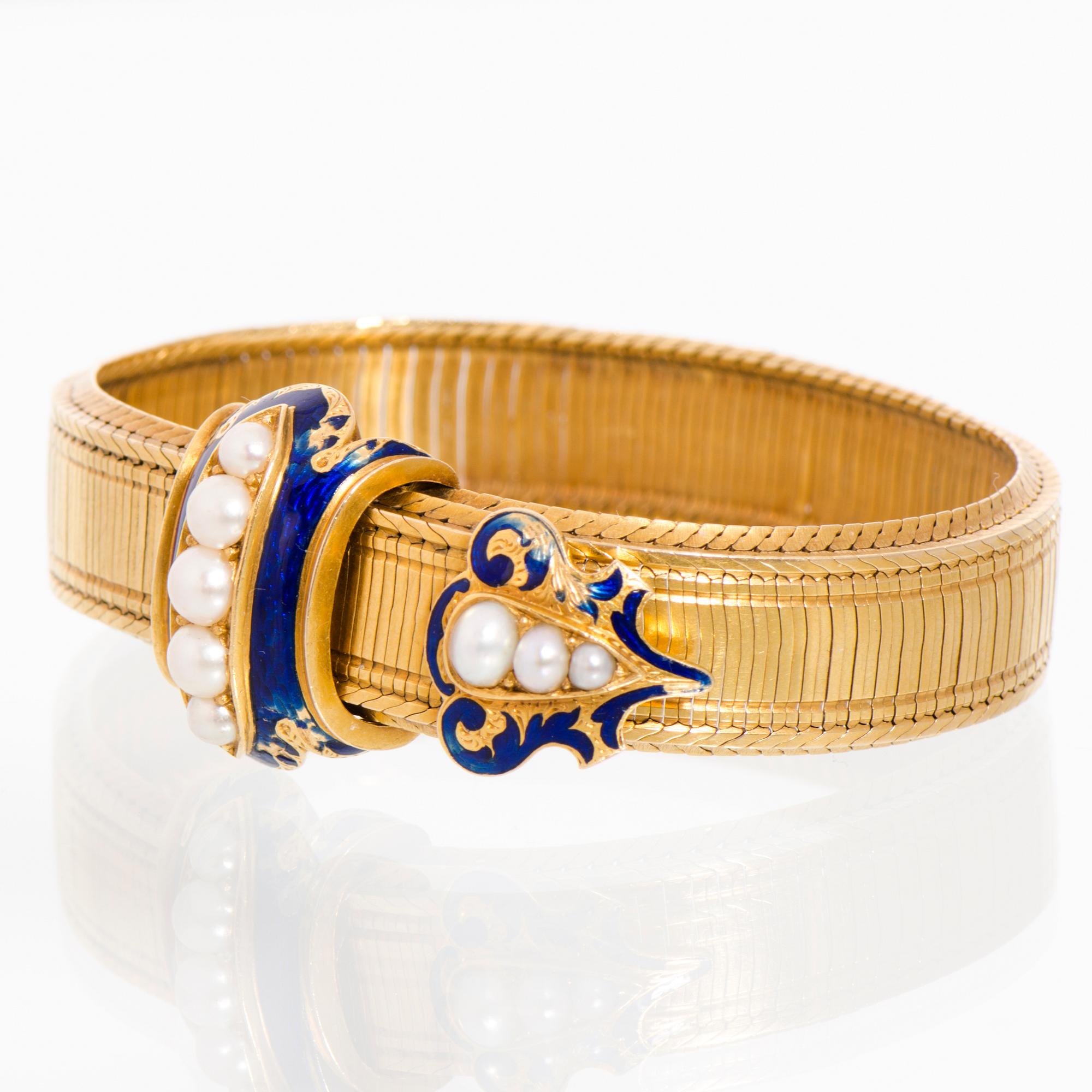 ARMBAND, emalj, pärlor, 18K guld, sent 1800-tal.