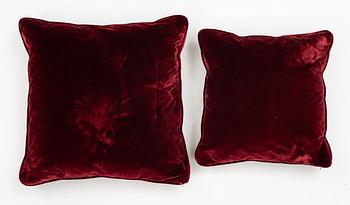 Cushions, two pieces, burgundy silk velvet.