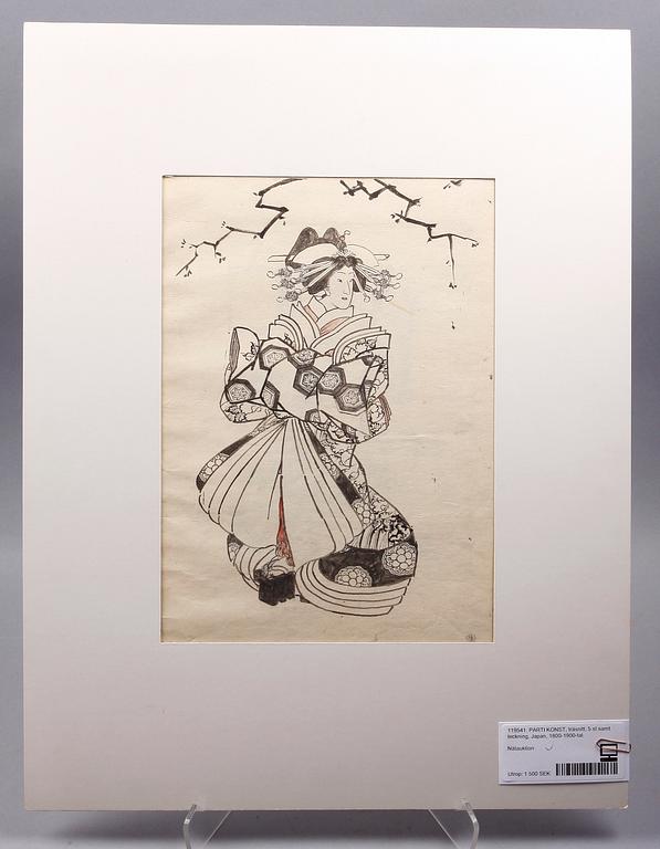 PARTI KONST, träsnitt, 5 st samt teckning, Japan, 1800-1900-tal.