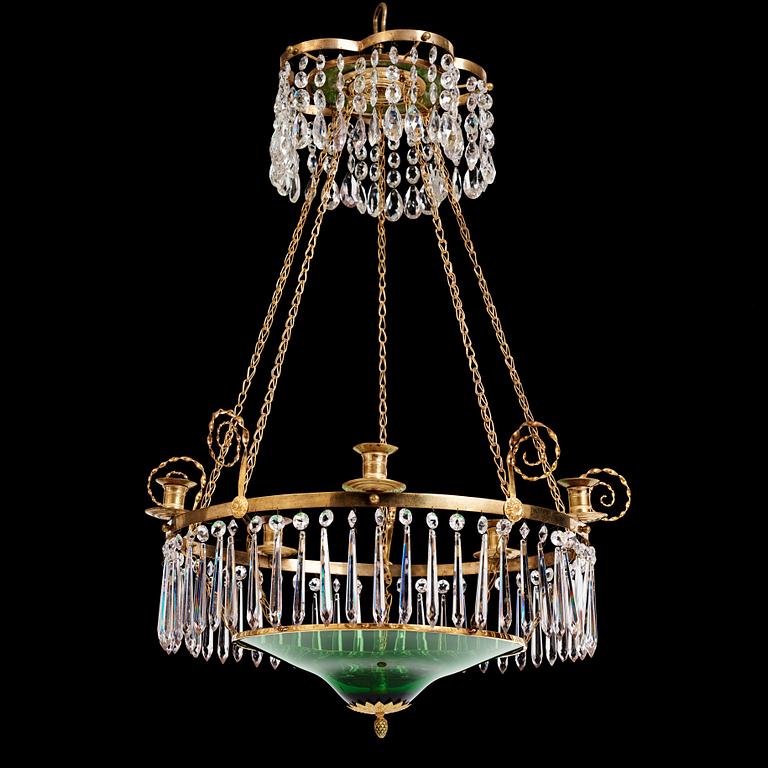A late Gustavian gilt-brass and green glass six-light chandelier, late 18th century.