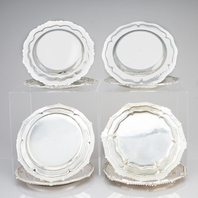 An English set of 4 x 2 silver plates, mark of Burwash & Sibley, E. Farrell, J.C. Edington London 1806-1837. (8).