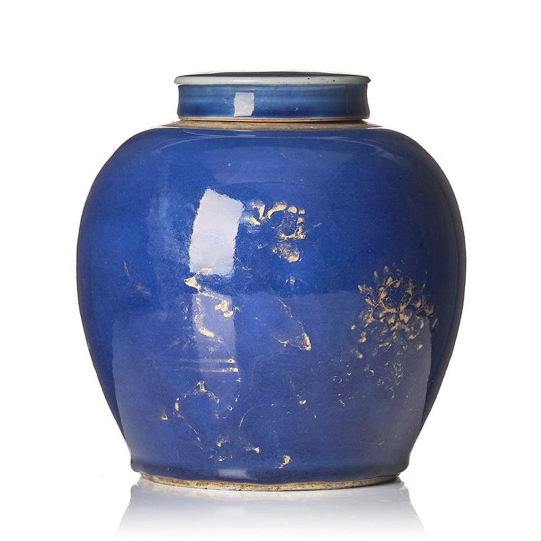 A powder blue jar with cover, Qing dynasty with Qianlong mark and of the period (1736-95).