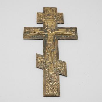 A Russian brass icon crucifix, ca turn of the century 1900.