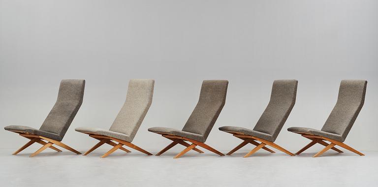 Bodil Kjaer, fem fåtöljer, Harbo Sølvsten, Danmark ca 1955.