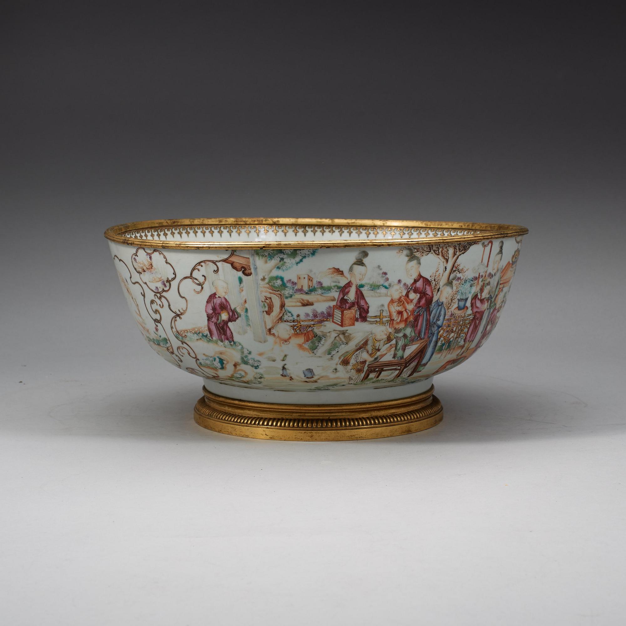 A famille rose bronze mounted punch bowl, Qing dynasty, Qianlong (1736-95).