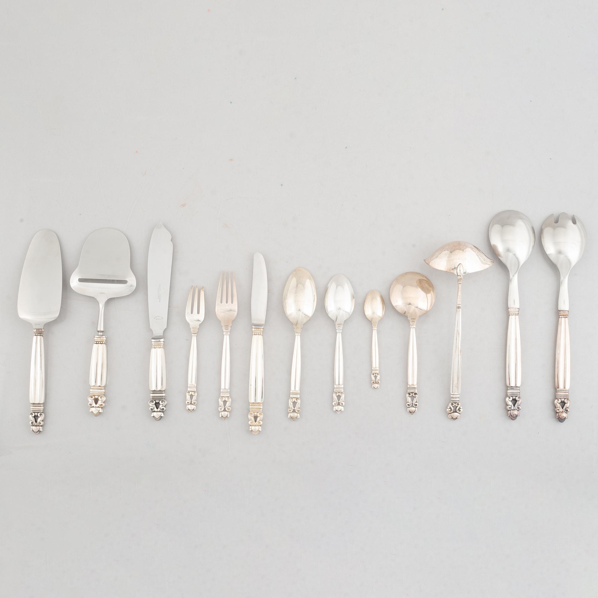 Johan Rohde, a 63-piece sterling silver flat wear set, "Konge"/"Acorn", Georg Jensen, Denmark.