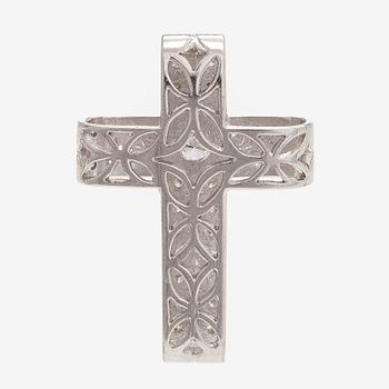 An 18K white gold cross pendant with diamonds.