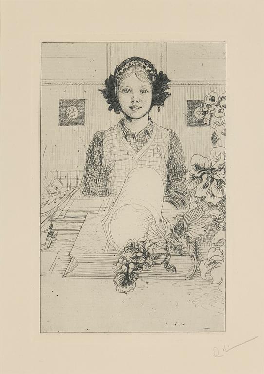 CARL LARSSON, etsning, signerad C.L. med blyerts. Utförd 1917. Etat 2. Mycket sällsynt. "Ung flicka".