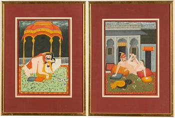 Unidentified artist, Erotic scenes, India, 20th century. Two pieces.