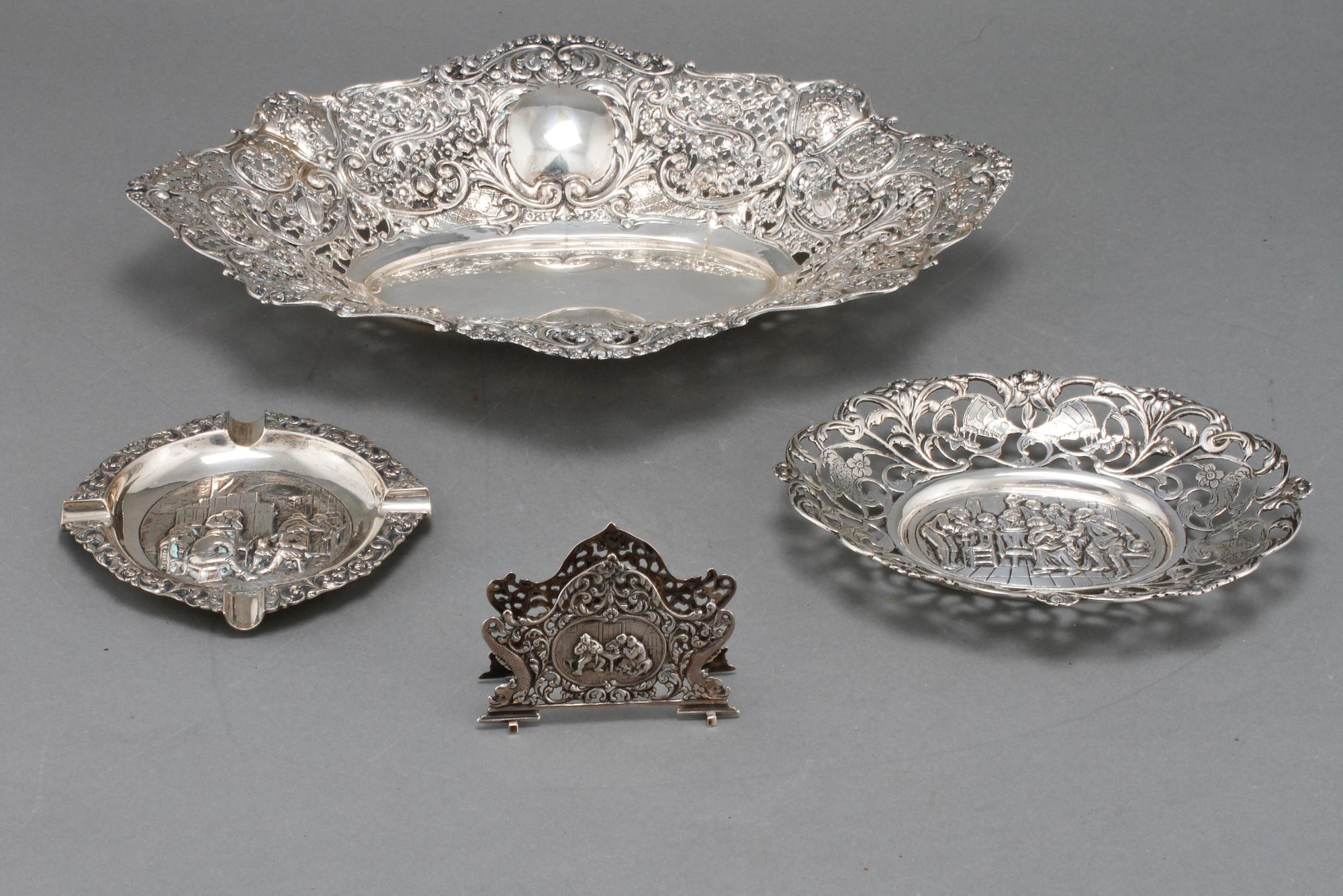 PARTI SILVER, 4 delar, mestadels svenska importstämplar, omkring 1900-talets mitt, vikt exkl del med nysilver 304 g.