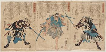 UTAGAWA KUNIYOSHI (1797/98-1861), triptyk, färgträsnitt. Japan, "Stories of the True Loyalty of the Faithful Samurai".