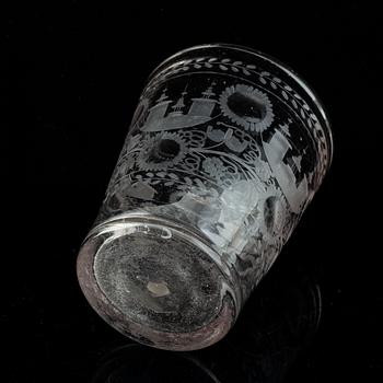 A cut and engraved glass beaker, 18th Century.