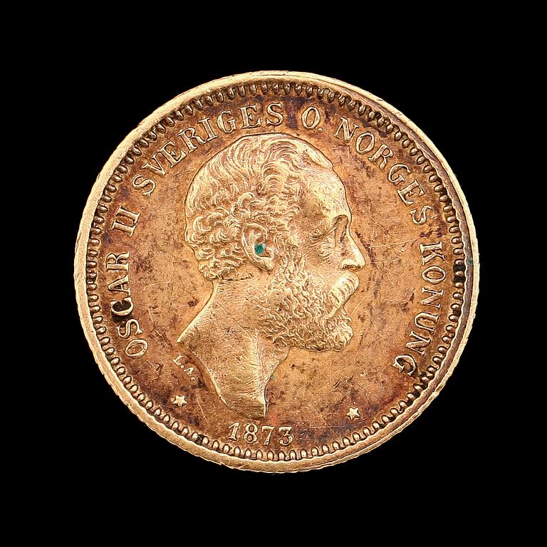 GULDMYNT, 10 kronor, Oscar II, 1873. Vikt ca 5 g.