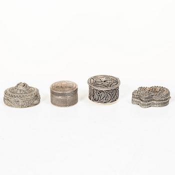 Boxes, 7 pcs, and a cigarette case, silver, 20th century.