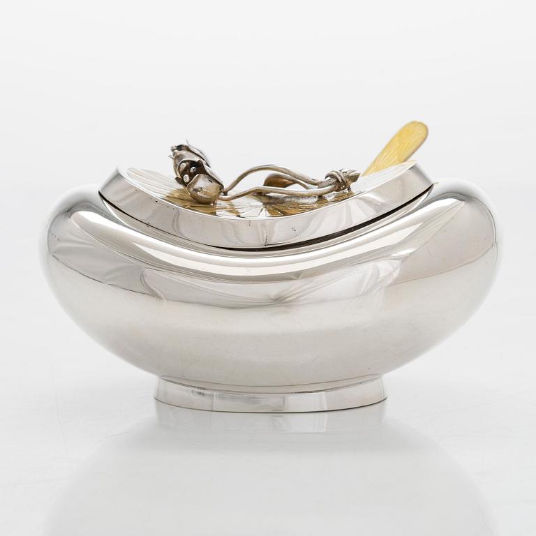 Sugar bowl and spoon, silver and enamel, the bowl by Anita Sarlin. Tillander, Helsinki, 1950.