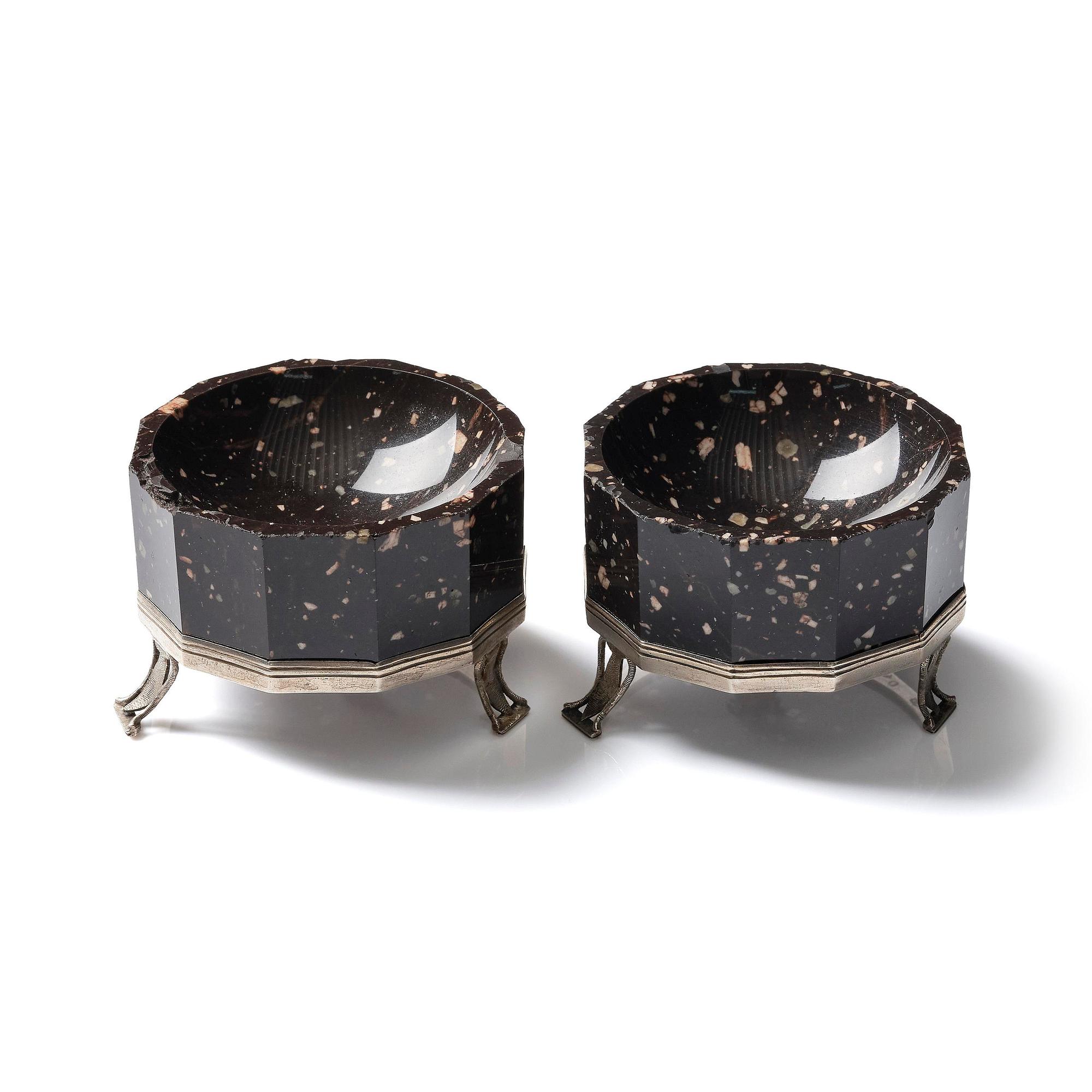 A pair of 'Lika-Risberg' porphyry Empire salts, Älvdalen, Sweden, early 19th century.