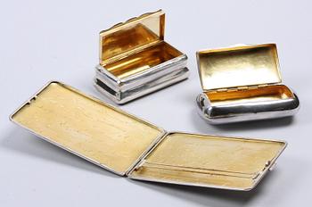 DOSOR SAMT ETUI, 3 st, silver, svenska importstämplar, 1900-tal.